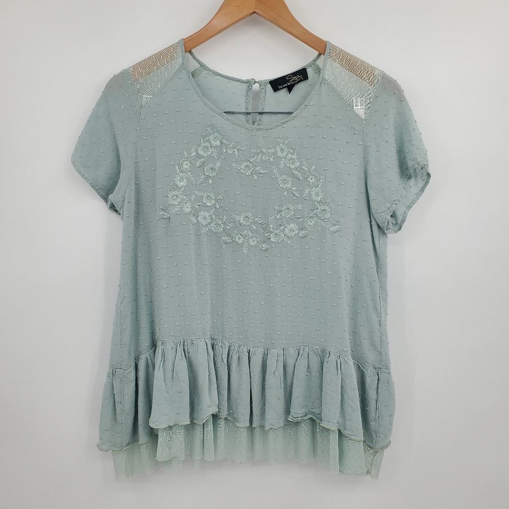 ◇◇ Suzanne Betro Sage Green Ruffle Lace Trim Swing Top Size Medium
